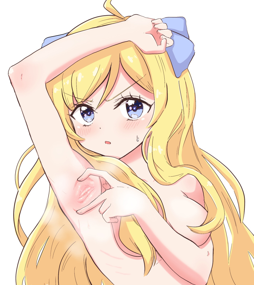 1girl arm_up armpit_focus armpits blonde_hair blue_eyes breasts hair_over_breasts highres jashin-chan jashin-chan_dropkick long_hair medium_breasts presenting_armpit ribs shino_(yaruki_nai_yatsu) solo spread_armpit sweatdrop upper_body white_background