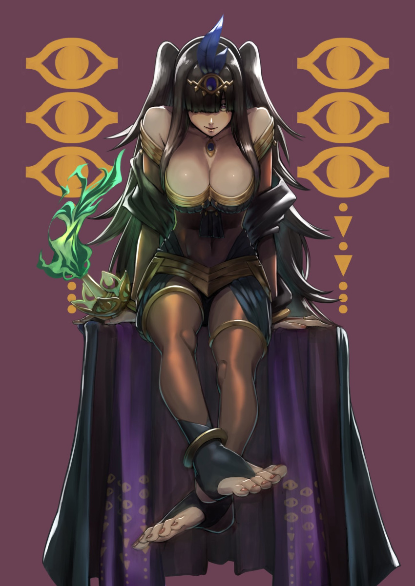 1girl aduti_momoyama bangs bare_shoulders black_hair bodystocking breasts cape cleavage feet fire fire_emblem fire_emblem_awakening fire_emblem_heroes green_fire hair_over_one_eye highres large_breasts long_hair looking_at_viewer nail_polish official_alternate_costume orange_nails purple_eyes sitting smile solo tharja_(fire_emblem)