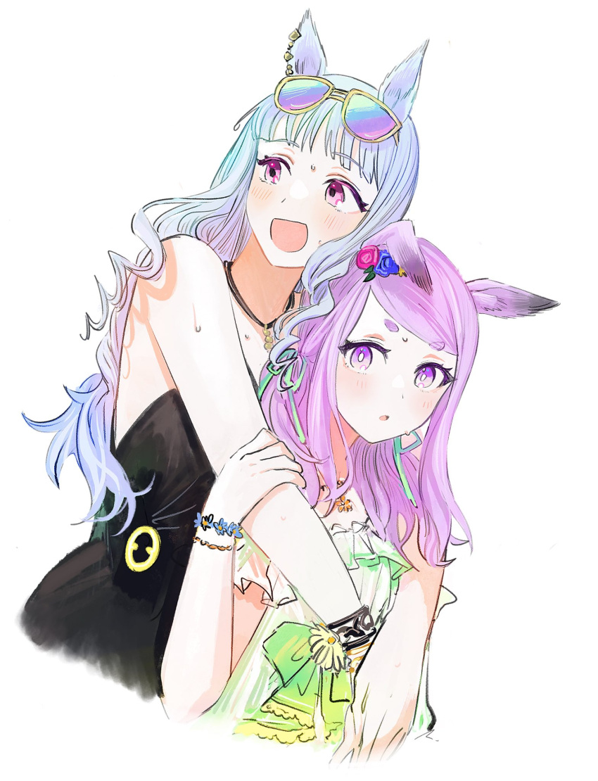 2girls :d :o animal_ears bangs bare_shoulders black_dress blunt_bangs bow bright_pupils dress dress_bow ear_piercing eyewear_on_head frilled_dress frills gold_ship_(run_revolt_launcher)_(umamusume) gold_ship_(umamusume) gradient_hair green_bow green_dress green_hair highres holding_another's_arm horse_ears horse_girl hug hug_from_behind iridescent jewelry light_blue_hair light_blush long_hair looking_at_viewer looking_to_the_side mejiro_mcqueen_(ripple_fairlady)_(umamusume) mejiro_mcqueen_(umamusume) multicolored_hair multiple_girls necklace open_mouth parted_lips pendant piercing pink_eyes pink_hair purple_eyes rosette_(roze-ko) simple_background sleeveless sleeveless_dress smile sundress sunglasses sweat swept_bangs umamusume upper_body white_background white_pupils yuri