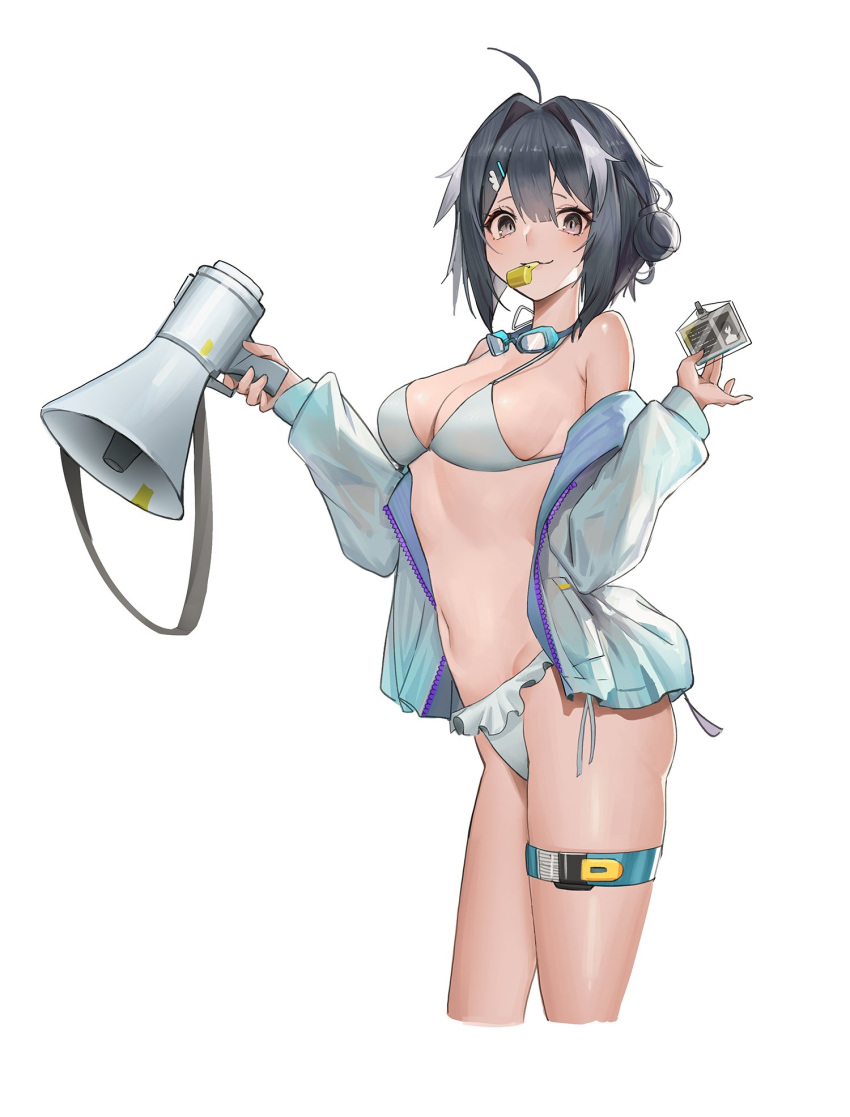 1girl ahoge arknights bare_shoulders bikini black_hair blue_jacket breasts commentary cropped_legs goggles goggles_around_neck grey_eyes groin hair_intakes hands_up highres holding holding_megaphone id_card jacket la_pluma_(arknights) la_pluma_(summer_flowers)_(arknights) long_sleeves medium_breasts megaphone navel off_shoulder open_clothes open_jacket roupo99 short_hair simple_background solo standing stomach swimsuit thigh_strap thighs white_background white_bikini