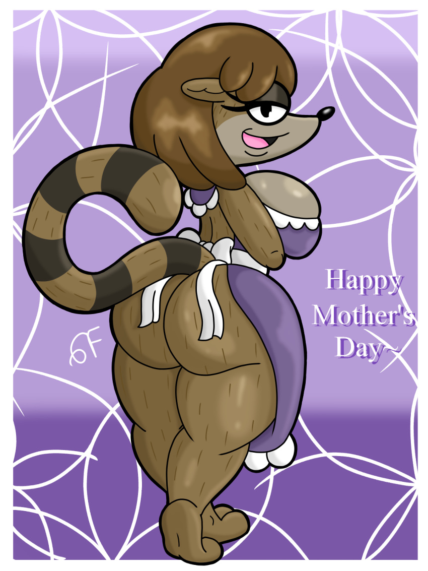 anthro apron barbera_(regular_show) bedroom_eyes big_breasts big_butt bomba_world12 bottomless breasts brown_body bubble_butt butt cartoon_network clothed clothing female hi_res holidays mammal mature_female mother mother's_day narrowed_eyes parent procyonid raccoon regular_show seductive solo thick_thighs