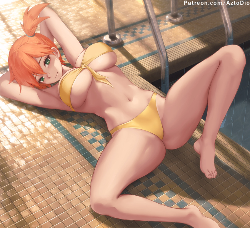 1girl arms_behind_head arms_up aztodio barefoot bikini breasts closed_mouth foot_out_of_frame front-tie_bikini front-tie_top green_eyes knee_up large_breasts lying misty_(pokemon) navel on_back orange_hair paid_reward_available pokemon pokemon_(anime) pokemon_(classic_anime) pool pool_ladder poolside side_ponytail solo stomach swimsuit thighs tile_wall tiles underboob yellow_bikini