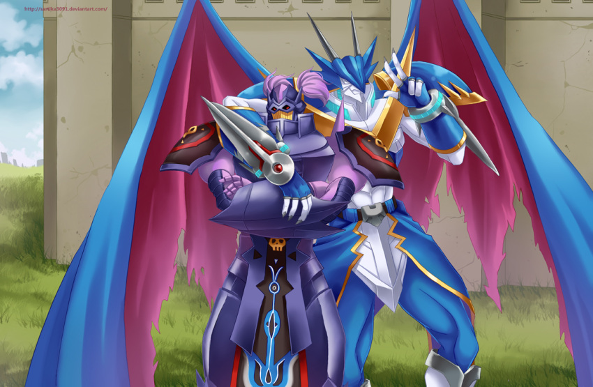 2018 5_fingers anthro arm_around_neck armor bandai_namco biped black_sclera blue_armor blue_body cloud colored craniamon crossed_arms day digimon digimon_(species) duo eyes_closed fingers gesture grass horn male outside plant pose pupils purple_armor purple_body red_pupils sartika3091 signature sky smile ulforceveedramon v_sign wings