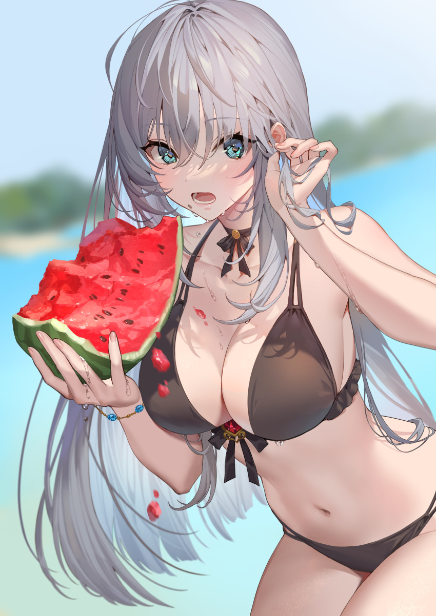 1girl absurdres ahoge bangs bare_arms bare_shoulders bikini black_bikini black_choker blue_eyes blush bracelet breasts choker cleavage collarbone cowboy_shot eating food front-tie_bikini front-tie_top fruit grey_hair halterneck hand_up highres holding jewelry large_breasts long_hair looking_at_viewer multi-strapped_bikini navel open_mouth original ribbon_choker solo standing stomach string_bikini swimsuit teffish thighs very_long_hair watermelon wet