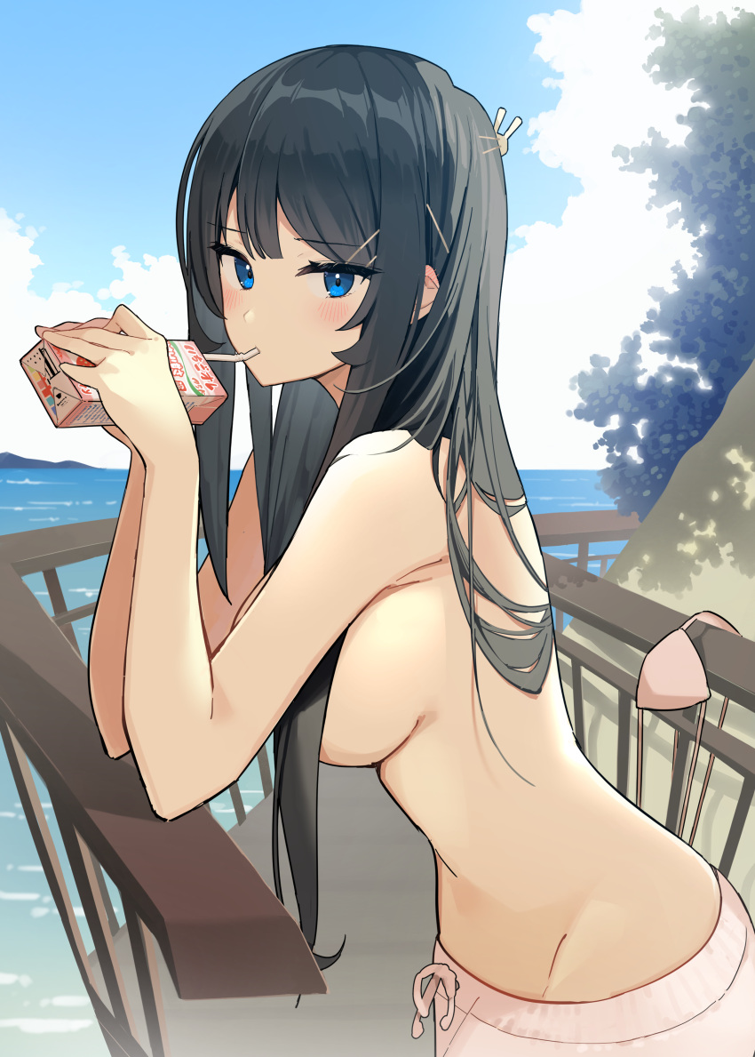 1girl absurdres armpit_crease asakura_nuruma bikini black_hair blue_eyes blush breasts bunny_hair_ornament drinking drinking_straw_in_mouth hair_ornament highres juice_box long_hair looking_at_viewer medium_breasts pink_swimsuit sakurajima_mai seishun_buta_yarou swimsuit topless