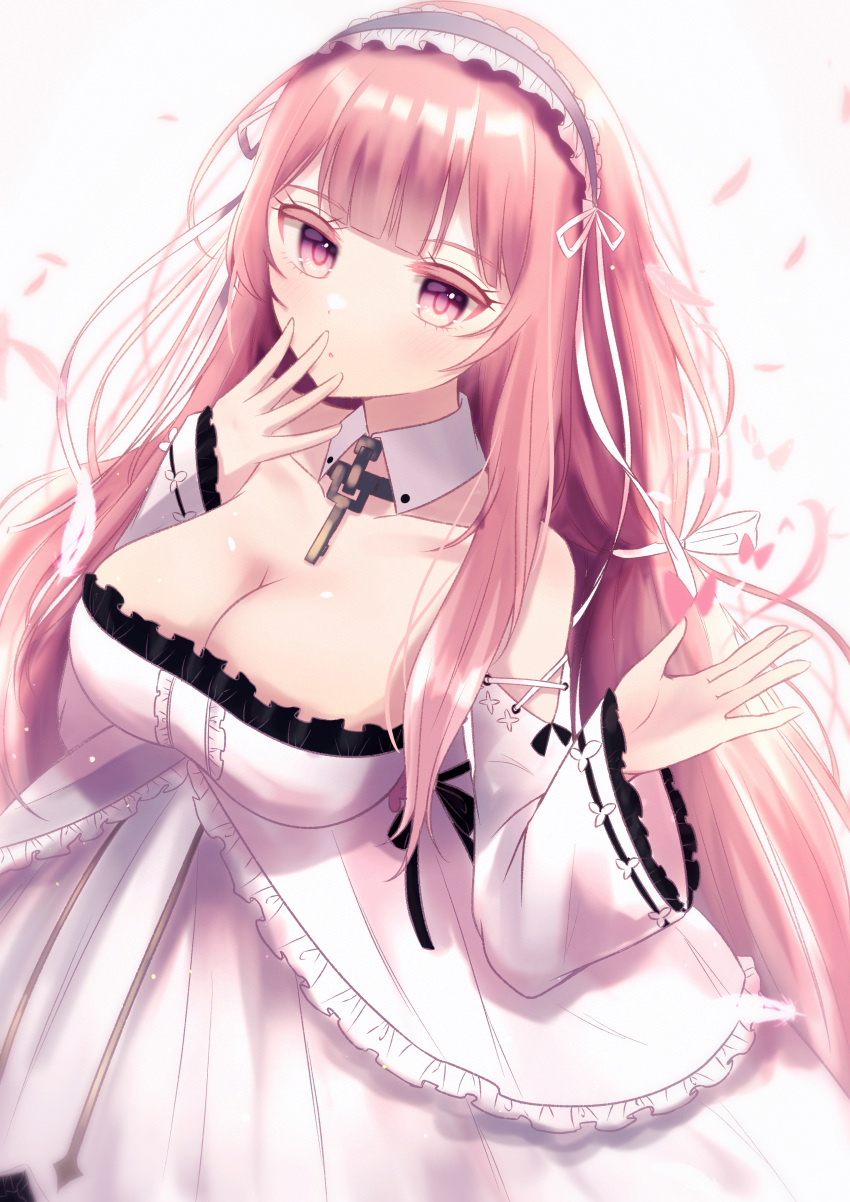 1girl absurdres azur_lane breasts cleavage detached_collar detached_sleeves dress frilled_dress frills highres junineu large_breasts long_hair long_sleeves looking_at_viewer perseus_(azur_lane) pink_eyes pink_hair simple_background solo strapless strapless_dress very_long_hair white_background white_dress