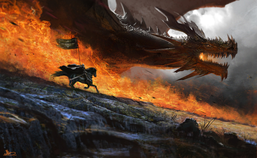 alejandro_olmedo ambiguous_gender armor black_body black_fur black_scales blurred_foreground breath_powers chin_spikes cloud detailed detailed_scales dragon elemental_manipulation equid equine facial_spikes fangs feral fire fire_breathing fire_manipulation flag fur grass group hi_res horse human larger_feral long_neck mammal melee_weapon membrane_(anatomy) membranous_wings open_mouth plant quadruped running scales scalie shaded sharp_teeth signature size_difference snout spikes spikes_(anatomy) sword teeth trio weapon western_dragon wings yellow_eyes