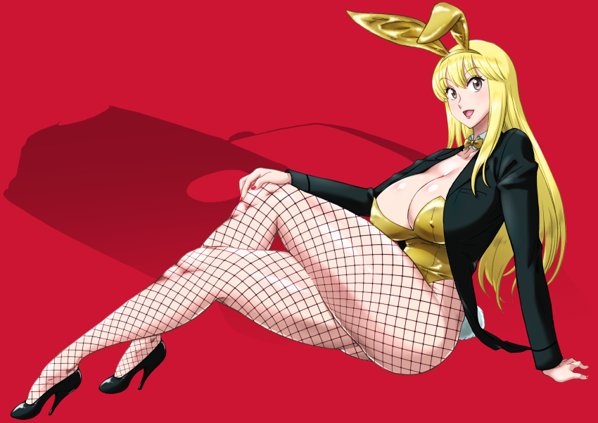 absurdres akimoto_katherine_reiko animal_ears arm_support black_footwear black_jacket blonde_hair bow bowtie breasts cleavage covered_nipples detached_collar fake_animal_ears fake_tail fishnets grey_eyes high_heels highleg highleg_leotard highres jacket kochikame kyuugata large_breasts leotard open_clothes open_jacket playboy_bunny rabbit_ears rabbit_tail red_background strapless strapless_leotard tail