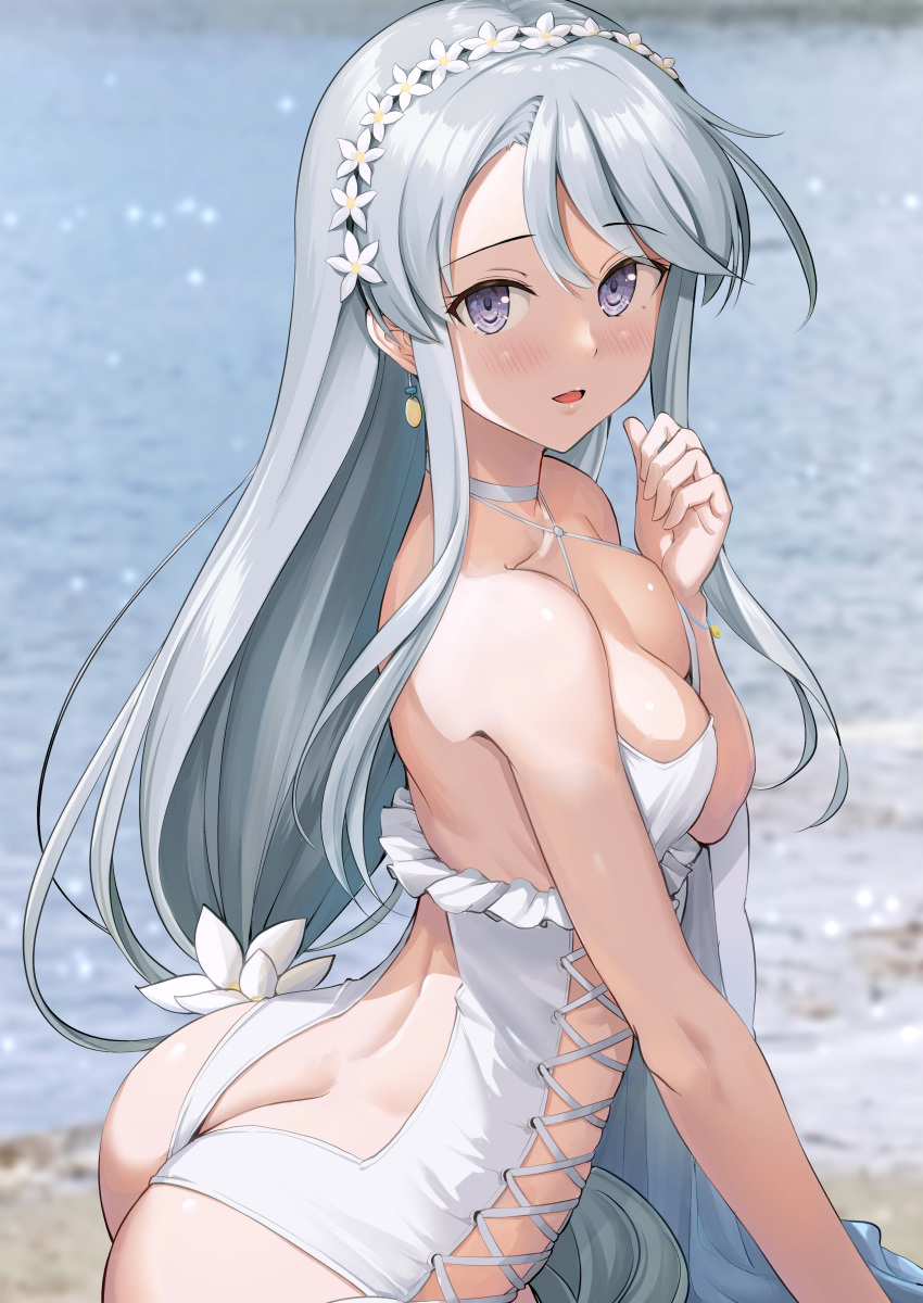 1girl absurdres ass bare_arms bare_shoulders beach blurry blurry_background blush breasts collarbone flower grey_hair hair_between_eyes hair_flower hair_ornament highres ichikawa_feesu kantai_collection long_hair looking_at_viewer median_furrow medium_hair ocean official_alternate_costume open_mouth purple_eyes sagiri_(kancolle) solo swimsuit upper_body white_flower white_hair white_swimsuit