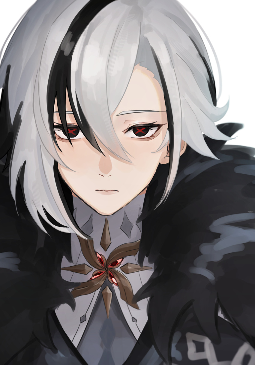 1girl absurdres androgynous arc_pic arlecchino_(genshin_impact) bangs black_coat black_eyes black_hair closed_mouth coat fur-trimmed_coat fur_trim genshin_impact grey_hair hair_between_eyes highres looking_at_viewer multicolored_hair red_pupils simple_background solo symbol-shaped_pupils upper_body white_background x-shaped_pupils