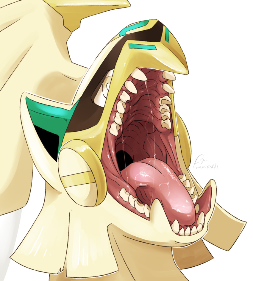 ambiguous_gender bodily_fluids glistening glistening_tongue hi_res imperatorcaesar legendary_pok&eacute;mon mouth_shot nintendo open_mouth pink_tongue pok&eacute;mon pok&eacute;mon_(species) saliva saliva_on_tongue saliva_string signature silvally simple_background solo tan_body tan_eyes teeth tongue video_games white_background yellow_body