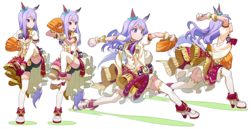 1girl :o animal_ears ascot ball bangs baseball baseball_mitt bike_shorts boots clenched_teeth dot_nose high_heel_boots high_heels highres holding holding_ball horse_ears horse_girl horse_tail jacket leg_up long_hair mejiro_mcqueen_(umamusume) motion_blur multiple_views nishiki_kazue pitching puffy_short_sleeves puffy_sleeves purple_eyes purple_hair red_ascot sequential short_sleeves skirt standing standing_on_one_leg tail teeth thighhighs throwing umamusume vest white_background white_jacket white_thighhighs white_vest wrist_cuffs