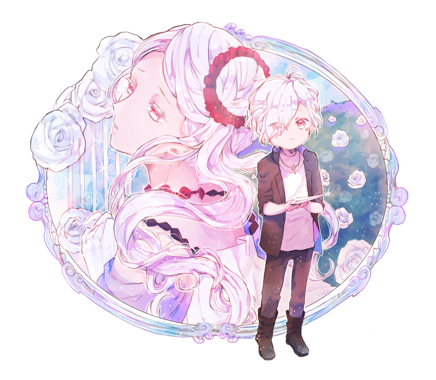 1boy 1girl absurdres black_jacket christa_(diabolik_lovers) diabolik_lovers eyes_visible_through_hair flower framed_image hair_over_one_eye hano_luno heterochromia highres holding holding_knife jacket jewelry knife long_hair looking_up male_child mother_and_son necklace outside_border parted_lips pink_eyes red_eyes rose rose_bush sakamaki_subaru shirt white_flower white_hair white_rose white_shirt younger