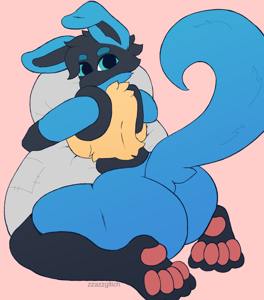 absurd_res anthro bent_legs big_breasts big_butt blue_body blue_eyes breasts butt embrace female fluffy fluffy_tail fur hair hi_res hug hugging_pillow kneeling looking_at_viewer looking_back lucario nintendo on_ground pawpads paws pok&eacute;mon pok&eacute;mon_(species) rear_view side_boob simple_background solo thick_thighs video_games zzazzglitch