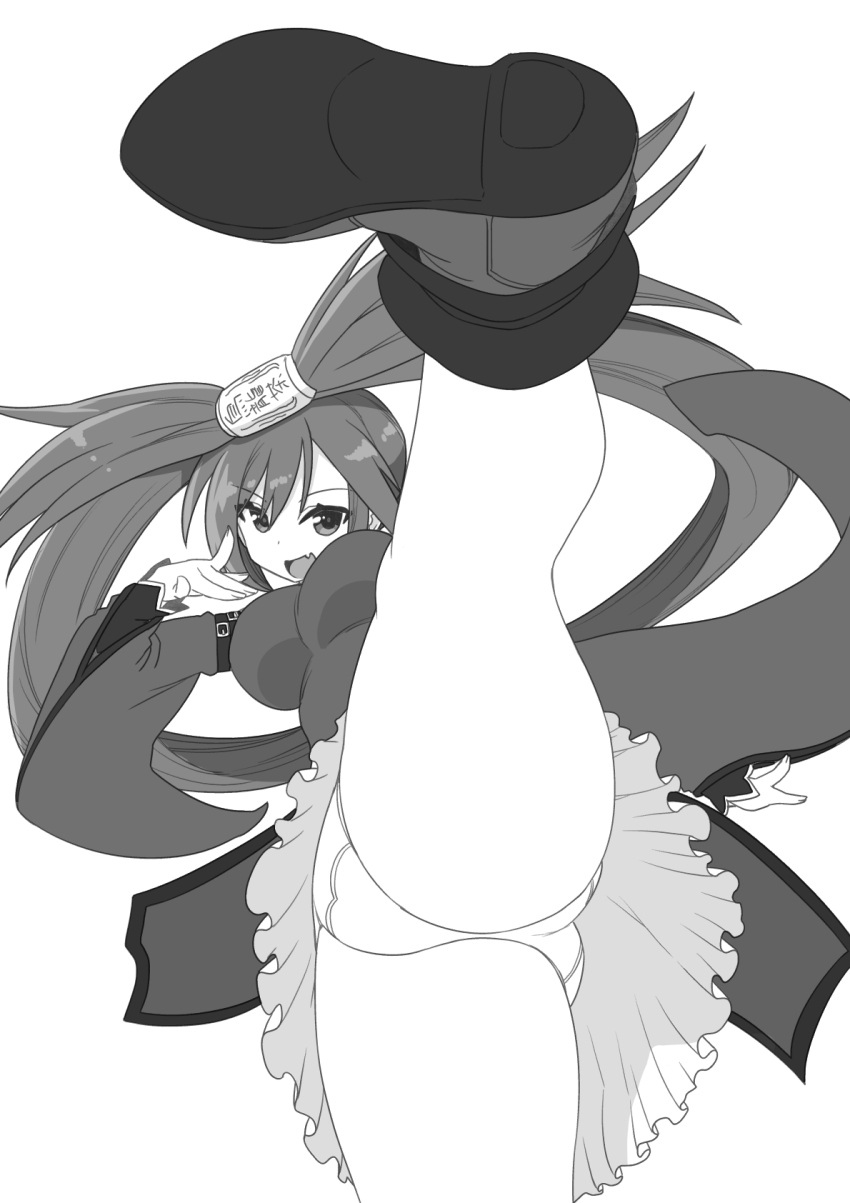 1girl breasts china_dress chinese_clothes crotch dress fighting_stance flexible greyscale guilty_gear hair_rings high_kick highres impossible_clothes impossible_dress kicking kneepits kogaku_kazuya kuradoberi_jam large_breasts leg_up looking_at_viewer monochrome panties pantyshot solo split standing standing_on_one_leg underwear upskirt