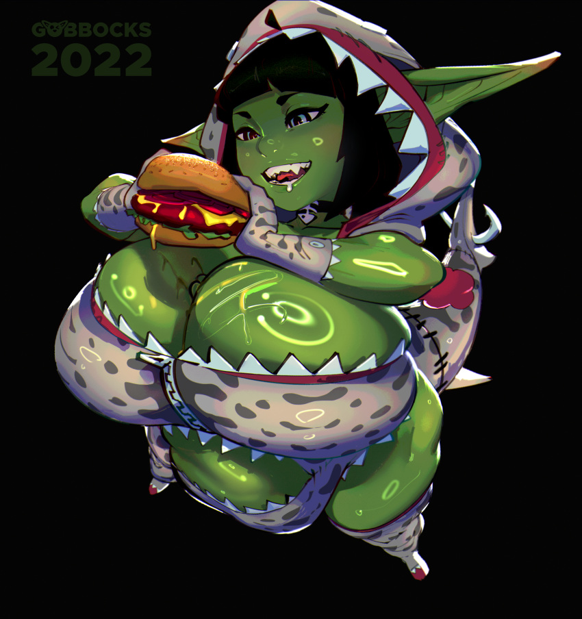 bangs belly big_belly big_breasts bloated blue_eyes bodily_fluids bone_accessory breasts burger clothing cutout digital_media_(artwork) drooling female fish_hook food gloves gobbocks goblin green_body green_skin handwear hi_res high-angle_view holding_food holding_object huge_breasts humanoid humanoid_pointy_ears kigurumi legwear long_ears saliva shark_costume sharp_teeth straight_bangs stuffing teeth thick_thighs thigh_highs