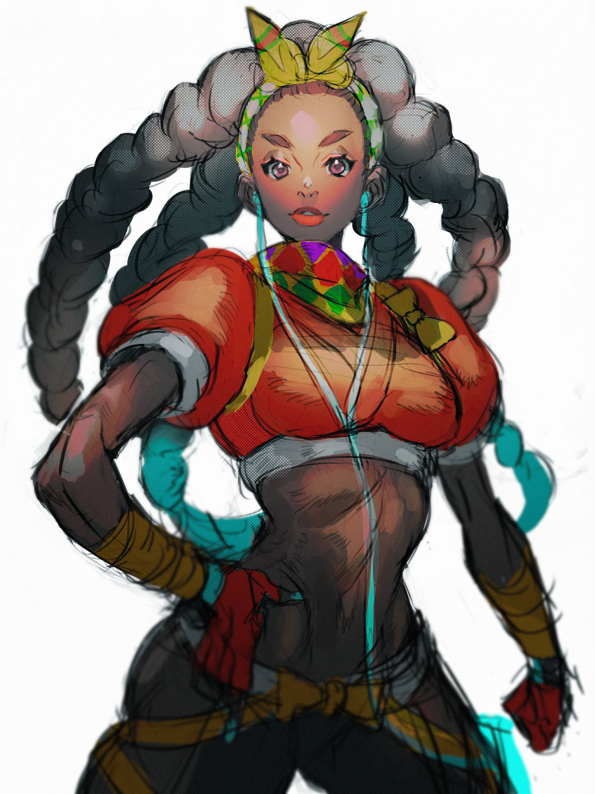 1girl absurdres aqua_hair arm_wrap black_hair bow_hairband brown_eyes cable clenched_hand colored_tips cropped_jacket dark-skinned_female dark_skin earbuds earphones forehead gloves hairband hand_on_hip highres hip_vent jacket kimberly_(street_fighter) long_hair lowleg lowleg_pants midriff multicolored_hair pants quad_braids red_gloves red_jacket red_lips solo standing street_fighter street_fighter_6 thick_eyebrows toned very_dark_skin yohane_shimizu