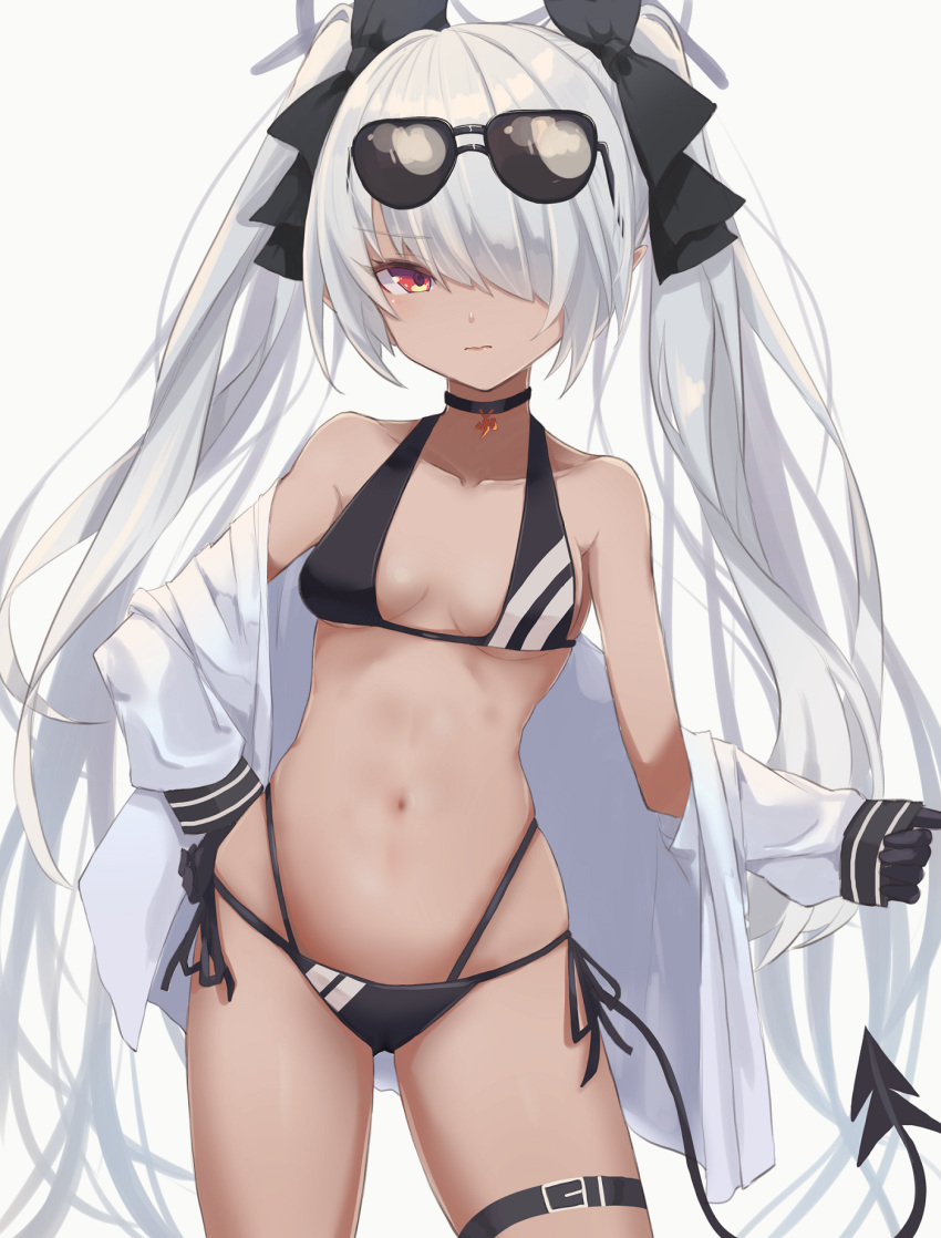 1girl belt bikini black-framed_eyewear black_belt black_bikini black_choker black_ribbon blue_archive breasts breasts_apart choker closed_mouth cowboy_shot diagonal_stripes eyewear_on_head hair_over_one_eye hair_ribbon halo halter_top halterneck hand_on_hip highres iori_(blue_archive) iori_(swimsuit)_(blue_archive) jacket long_hair multi-strapped_bikini navel off_shoulder one_eye_covered open_clothes open_jacket pointy_ears red_eyes ribbon side-tie_bikini simple_background skindentation sleeves_past_wrists solo stomach strap_gap string_bikini striped swimsuit tail thigh_belt thigh_strap tokoi twintails two-tone_bikini very_long_hair white_background white_hair white_jacket
