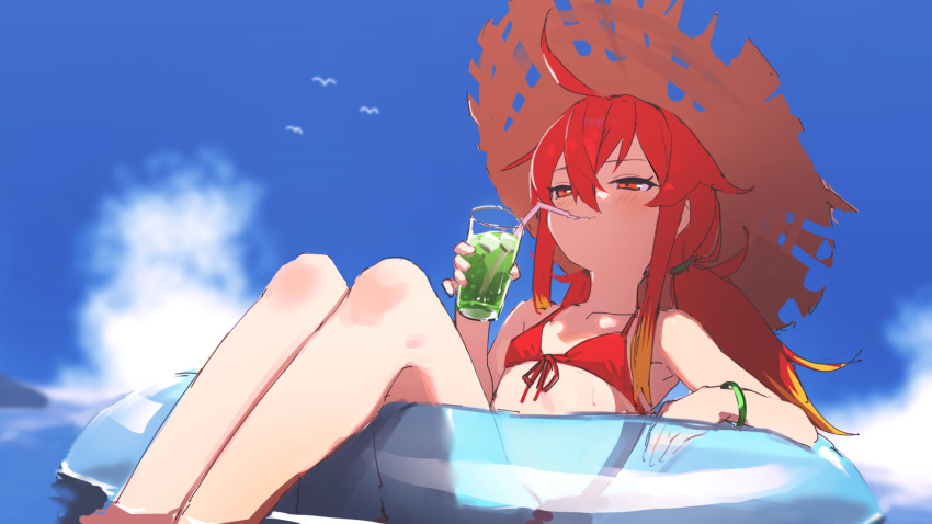 1girl ahoge alternate_costume bikini blue_sky blush commentary_request day drink drinking drinking_straw drinking_straw_in_mouth flat_chest flower_knight_girl front-tie_bikini front-tie_top hara_shoutarou hat highres innertube long_hair low_ponytail outdoors red_bikini red_eyes red_hair sky solo straw_hat swimsuit tougarashi_(flower_knight_girl) water