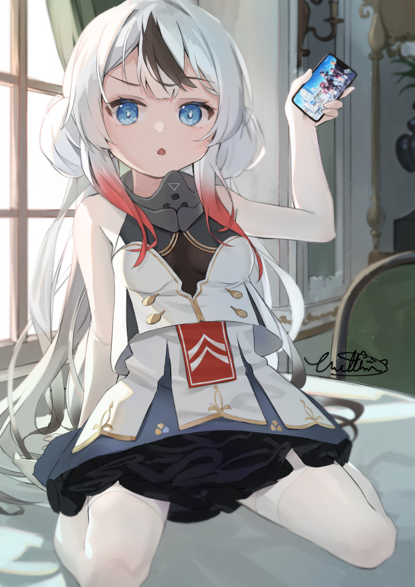 1girl :o absurdres arm_support artist_name azur_lane bare_arms bare_shoulders blue_archive blue_eyes breasts cellphone gradient_hair highres holding holding_phone indoors l'indomptable_(azur_lane) looking_at_viewer mixed-language_commentary multicolored_hair on_bed open_mouth pantyhose phone red_hair signature sitting small_breasts smartphone solo thighband_pantyhose v-shaped_eyebrows wariza white_hair white_pantyhose wittmann_(ehvr8373)
