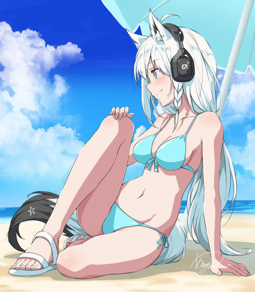 1girl absurdres ahoge animal_ear_fluff animal_ears aqua_bikini aqua_eyes arm_support artist_name asanaya bangs bare_arms bare_shoulders beach beach_umbrella bikini blue_sky breasts cleavage closed_mouth cloud collarbone commentary day fox_ears fox_girl fox_tail from_side front-tie_bikini front-tie_top full_body headphones highres hololive knee_up long_hair looking_to_the_side low_ponytail medium_breasts navel ocean outdoors sand sandals shirakami_fubuki side-tie_bikini sidelocks signature sitting sky smile solo stomach sunlight swimsuit tail toes umbrella virtual_youtuber water white_footwear white_hair