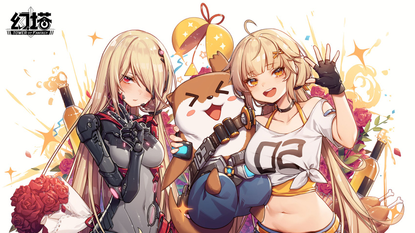 2girls :d ahoge animal artist_request black_choker black_gloves blonde_hair bodysuit bouquet breasts choker clothing_cutout covered_navel crop_top dog eyepatch fingerless_gloves front-tie_top gloves halterneck hand_up highres holding large_breasts long_hair looking_at_viewer low_twintails midriff multiple_girls navel nemesis_(tower_of_fantasy) official_art open_mouth orange_eyes red_eyes shirli_(tower_of_fantasy) shirt short_sleeves shoulder_cutout smile stomach tower_of_fantasy twintails undershirt upper_body v very_long_hair white_shirt yellow_shirt