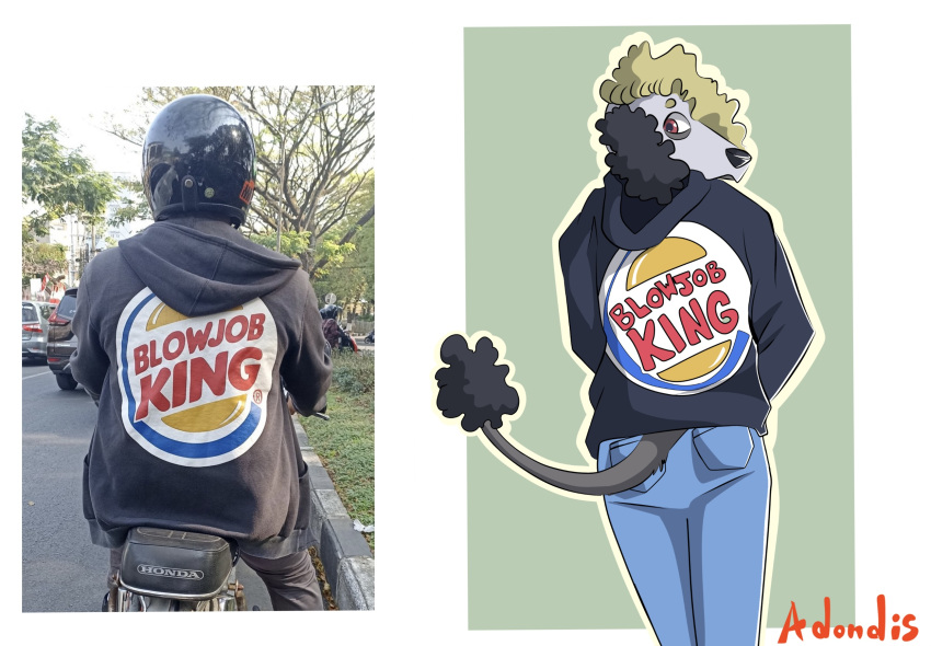 adondis anthro bottomwear burger_king canid canine canis clothed clothing denim denim_clothing domestic_dog fellatio floppy_ears hi_res hoodie humor jeans logo looking_back male mammal meme motorcycle oral pants penile poodle russell_(adondis) sex solo topwear vehicle