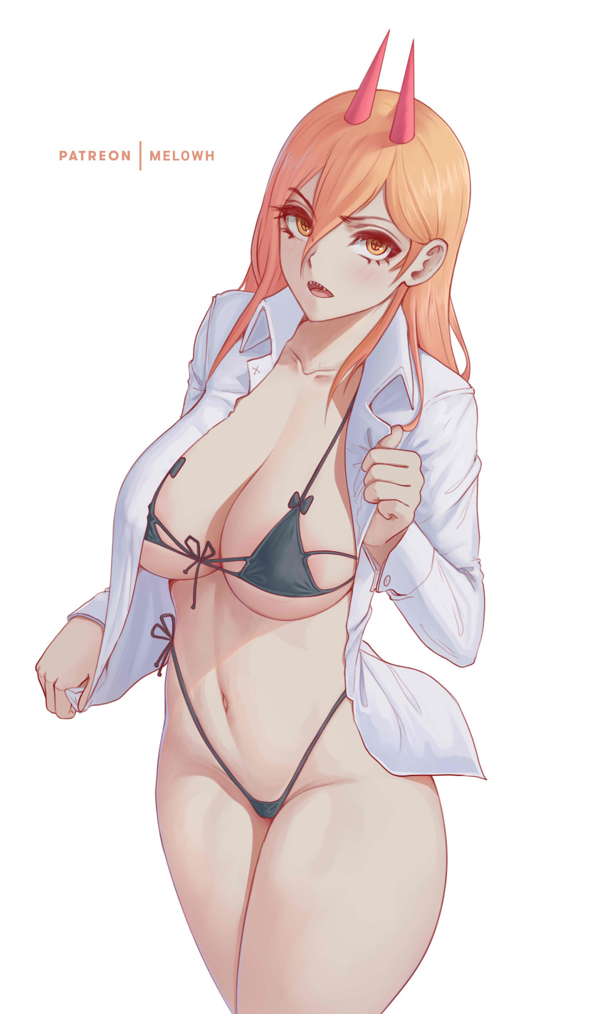 1girl absurdres artist_name bangs bikini bikini_under_clothes black_bikini breasts chainsaw_man collarbone collared_shirt commission cowboy_shot groin hair_between_eyes highres horns large_breasts long_hair long_sleeves looking_at_viewer melowh navel open_clothes open_mouth open_shirt orange_eyes orange_hair power_(chainsaw_man) sharp_teeth shirt simple_background solo stomach swimsuit teeth thong undressing upper_teeth v-shaped_eyebrows white_background white_shirt