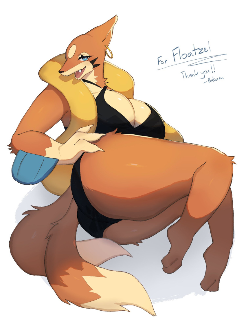 3:4 anthro baburusushi big_breasts breasts clothing female floatzel fur hi_res looking_at_viewer mammal mustelid nintendo open_mouth pok&eacute;mon pok&eacute;mon_(species) simple_background solo swimwear video_games white_background