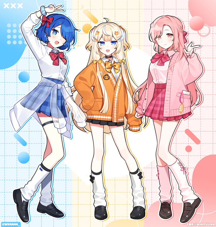 3girls bangs blonde_hair blue_eyes blue_hair blue_skirt bow breasts cardigan collared_shirt english_commentary hair_bow hair_over_one_eye highres indiegogo long_hair medium_breasts multiple_girls nini_yuuna one_eye_covered orange_bow orange_cardigan pink_cardigan pink_eyes pink_hair pink_shirt pink_skirt plaid plaid_skirt scrunchie second-party_source shabel_tonya shirt short_hair skirt smile synthion_(vtuber) thigh_strap tube_socks twitter_username two_side_up v very_long_hair virtual_youtuber waka_(wk4444) white_shirt wrist_scrunchie