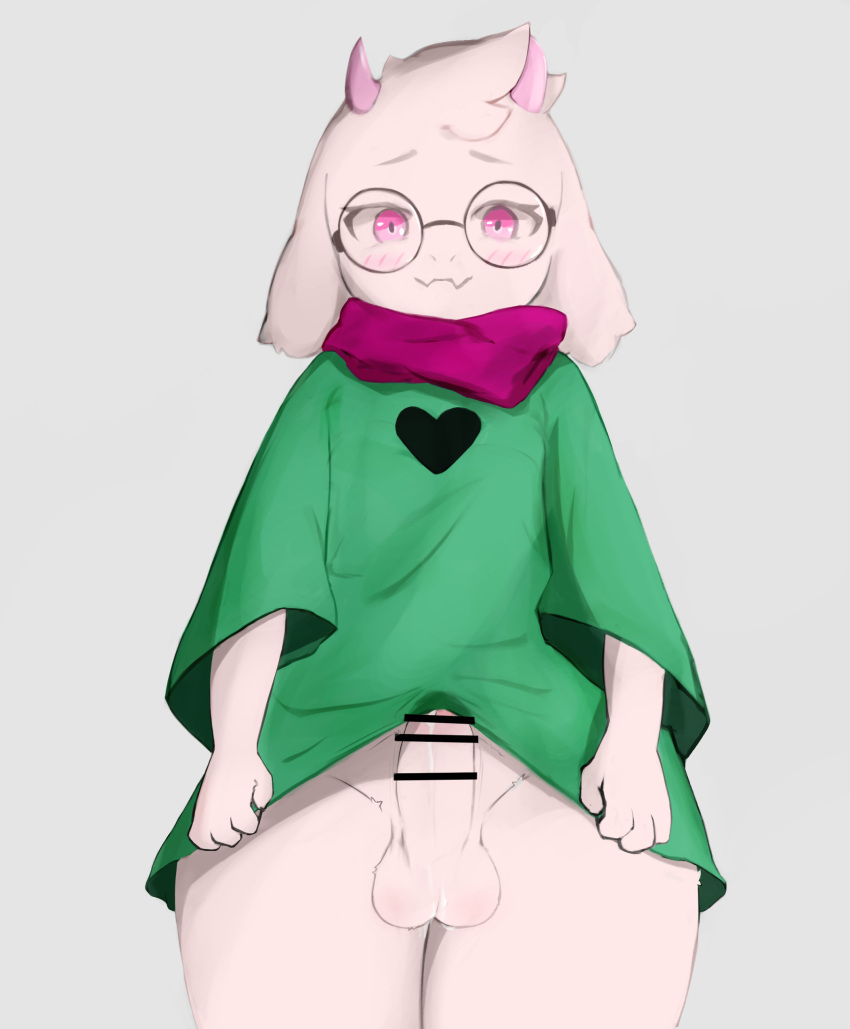 absurd_res anthro balls biped bovid caprine censor_bar censored clothing deltarune erection eyewear flesh_fang genitals glasses goat hi_res looking_at_viewer male mammal penis pink_eyes ralsei scarf simple_background solo solo_focus undertale_(series) video_games white_body yoru_vida