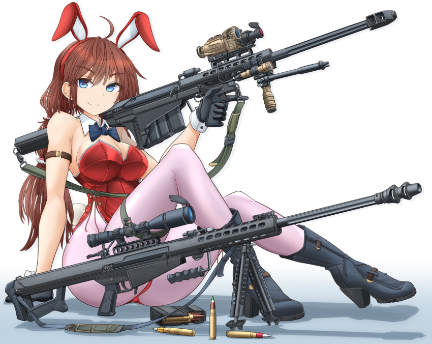 1girl ahoge animal_ears anti-materiel_rifle arm_strap bangs barrett_m82 black_gloves blue_bow blue_bowtie blue_eyes blue_footwear boots bow bowtie breasts brown_hair bullet closed_mouth collar commentary_request detached_collar english_commentary fake_animal_ears fake_tail gloves gradient gradient_background gun hair_tie high_heel_boots high_heels highleg highleg_leotard highres holding holding_gun holding_weapon leotard long_hair looking_at_viewer low-tied_long_hair m82a2 magazine_(weapon) medium_breasts mikeran_(mikelan) mixed-language_commentary original pantyhose pink_pantyhose playboy_bunny rabbit_ears rabbit_tail red_leotard rifle scope shadow side-tie_leotard sitting smile sniper_rifle solo strapless strapless_leotard tail thigh_strap trigger_discipline weapon white_background white_collar wing_collar