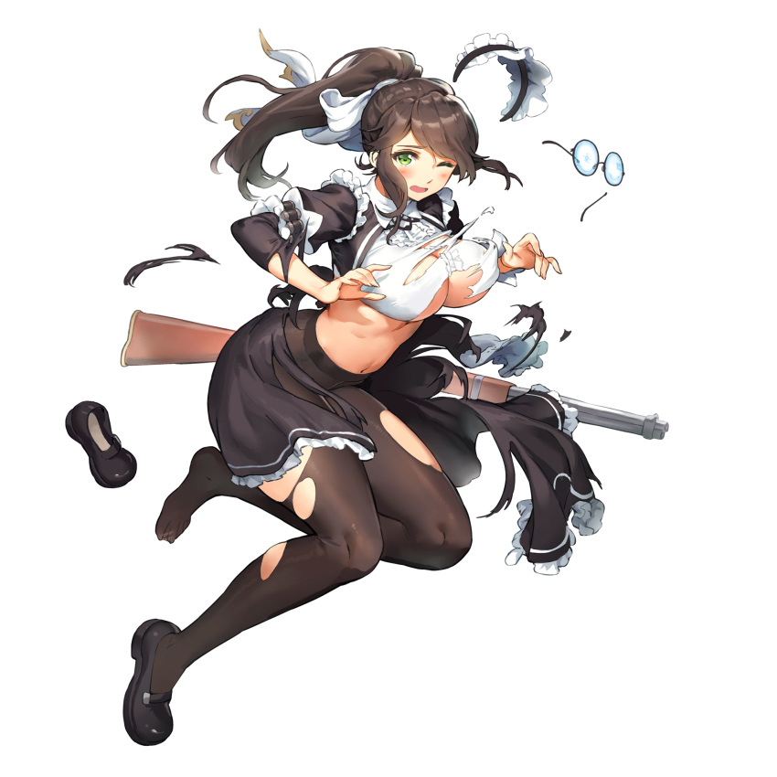 1girl black_pantyhose breasts brown_hair constantia_s2 defeat dress full_body game_cg glasses green_eyes gun highres kakiman large_breasts last_origin looking_at_viewer maid maid_headdress mary_janes navel official_art one_eye_closed pantyhose ponytail rifle shoe_loss shoes single_shoe solo tachi-e torn_clothes torn_legwear transparent_background weapon winchester_model_1887