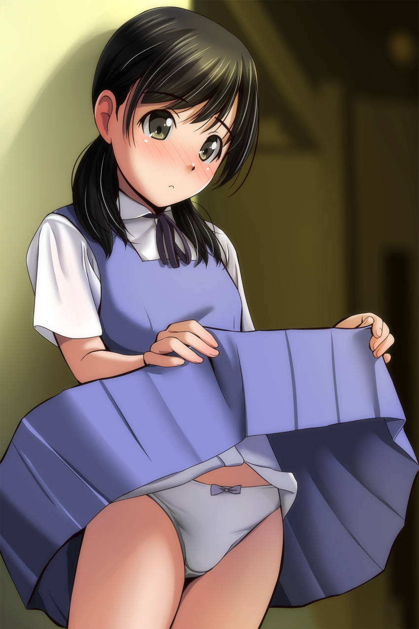 1girl absurdres bangs black_hair blurry blurry_background blush bow bow_panties clothes_lift collared_shirt cowboy_shot depth_of_field full-face_blush hair_over_shoulder highres lifted_by_self long_sleeves looking_at_another looking_away matsunaga_kouyou neck_ribbon original panties pleated_skirt purple_ribbon ribbon school_uniform shadow shirt short_hair short_sleeves skirt skirt_lift smile solo standing suspender_skirt suspenders twintails underskirt underwear white_panties white_shirt yellow_background yellow_eyes
