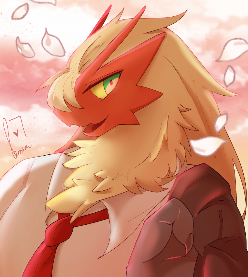 absurd_res animal_humanoid anthro avian beak bird blaziken clothed clothing demira_lilian digital_drawing_(artwork) digital_media_(artwork) fan_character feathers fur hi_res humanoid looking_at_viewer male multicolored_body multicolored_fur nintendo pok&eacute;mon pok&eacute;mon_(species) portrait school_uniform shaded simple_background smile solo uniform video_games