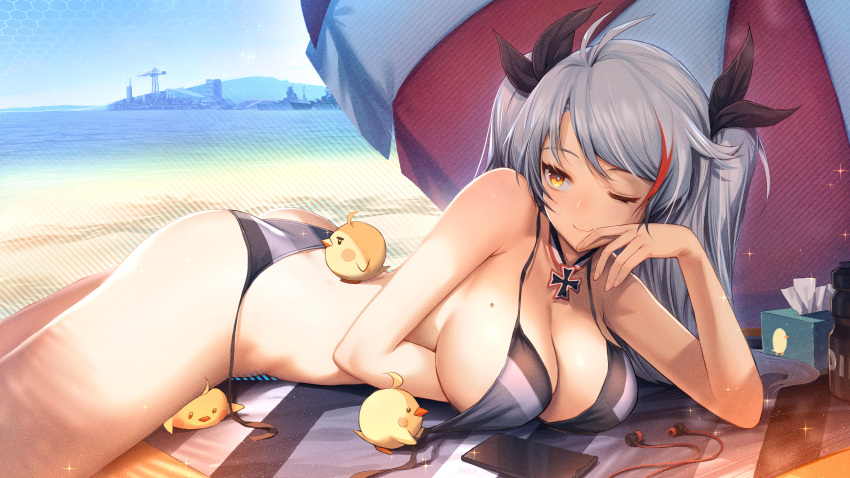 1girl absurdres ahoge alternate_costume arm_under_breasts artist_request ass azur_lane bangs beach beach_umbrella bikini black_bikini black_ribbon blue_sky breasts cellphone cleavage closed_mouth commentary cowboy_shot cross day earbuds earphones english_commentary grey_hair hair_ribbon head_rest highres incredibly_absurdres iron_cross large_breasts long_hair lying manjuu_(azur_lane) mole mole_on_breast multicolored_hair ocean on_stomach one_eye_closed outdoors phone prinz_eugen_(azur_lane) red_hair ribbon second-party_source sky smartphone smile solo sparkle streaked_hair swept_bangs swimsuit thighs tissue_box two-tone_hair two_side_up umbrella untied untied_bikini yellow_eyes