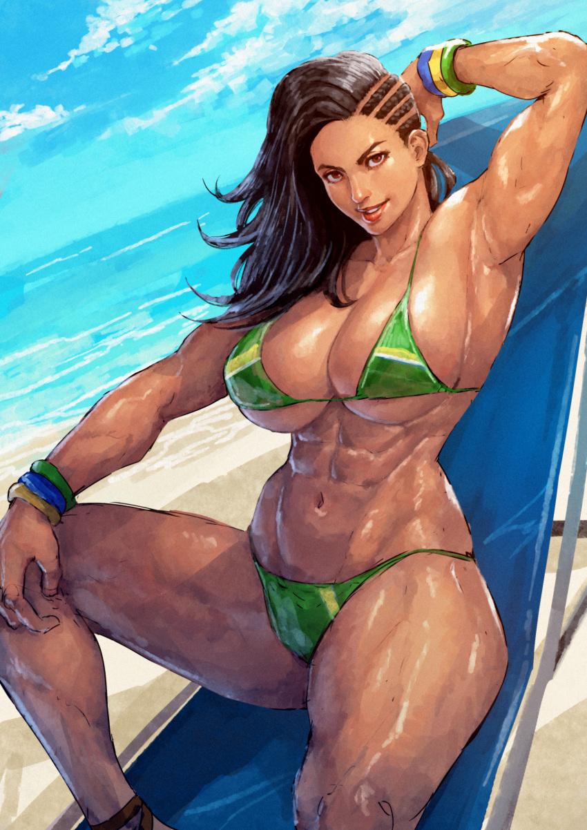 1girl abs absurdres alternate_breast_size arm_up armpits asymmetrical_hair beach beach_chair bikini black_hair blue_skirt breasts brown_eyes cirenk collarbone cornrows dark-skinned_female dark_skin day dutch_angle hand_on_own_knee highres horizon huge_breasts knee_up laura_matsuda leaning_back lips long_hair looking_at_viewer navel ocean outdoors parted_lips red_lips sand sitting skirt smile solo stomach street_fighter street_fighter_v swimsuit thighs toned underboob water wristband
