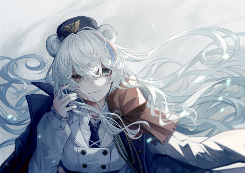 1girl absurdres animal_ears arknights bangs bear_ears bear_girl blue_eyes blue_hair blue_headwear blue_jacket blue_nails blue_necktie buttons closed_mouth coat coat_on_shoulders collared_shirt commentary heterochromia highres jacket long_hair long_sleeves looking_at_viewer miike_(992058) multicolored_hair nail_polish necktie red_eyes red_hair red_ribbon ribbon rosa_(arknights) shirt solo streaked_hair upper_body ursus_empire_logo white_coat white_hair white_shirt wing_collar