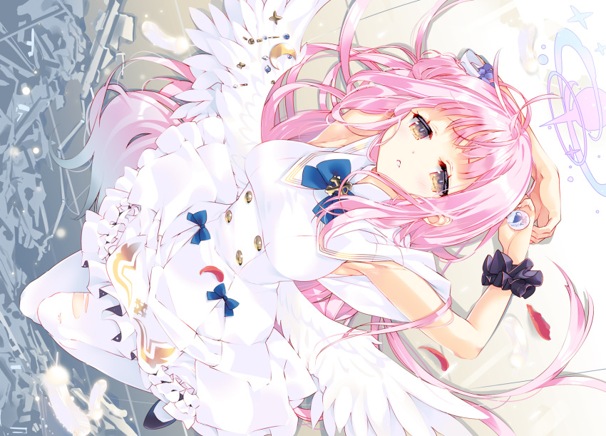 1girl angel_wings arikawa_satoru armpits badge bangs black_footwear black_scrunchie blue_archive blue_bow blue_ribbon bow button_badge capelet dress feathered_wings frilled_dress frills gradient hair_bun halo highres long_hair low_wings lying mika_(blue_archive) on_back on_floor parted_lips pink_hair ribbon scrunchie single_hair_bun single_side_bun sleeveless sleeveless_dress solo thighhighs torn_clothes torn_legwear very_long_hair white_capelet white_dress white_wings wings wrist_scrunchie yellow_eyes
