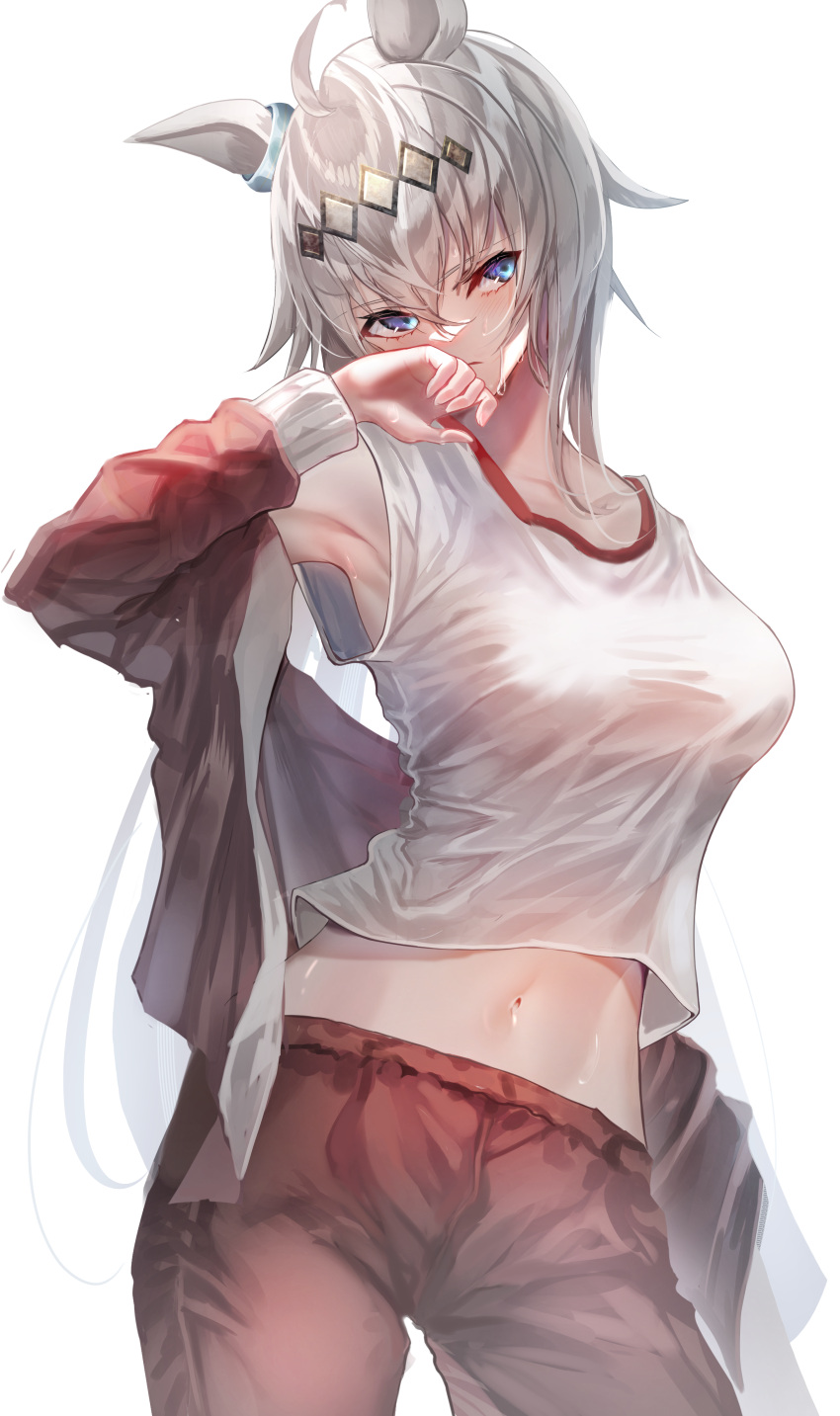1girl absurdres ahoge animal_ears arm_up armpits bangs blue_eyes blush breasts chiachun0621 closed_mouth collarbone contrapposto cowboy_shot ear_ornament expressionless eyelashes grey_hair gym_shirt gym_uniform hair_between_eyes hairband head_tilt highres horse_ears horse_girl jacket large_breasts long_hair long_sleeves looking_at_viewer midriff navel off_shoulder oguri_cap_(umamusume) open_clothes open_jacket pants red_jacket red_pants shirt short_hair short_sleeves sidelocks solo standing stomach sweat track_jacket track_pants umamusume very_long_hair wet wet_clothes wet_shirt white_background white_hair white_shirt wiping_sweat