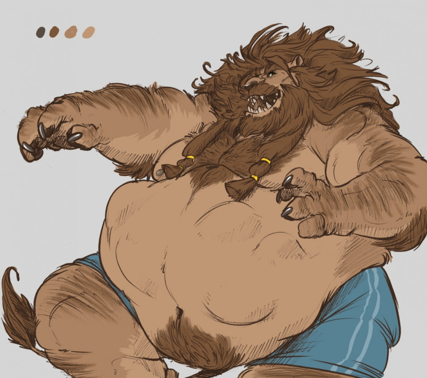 abdominal_bulge after_vore anthro belly big_belly bottomwear brown_body brown_fur brown_hair clothing felid fur hair hauoli47 lion male mammal mature_male muscular muscular_male open_mouth pantherine same_size_vore sharp_teeth shorts teeth vore