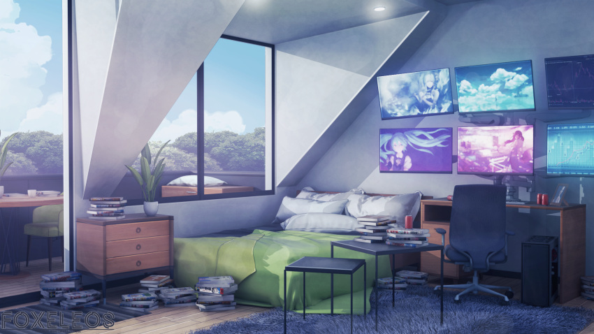 3d artist_name balcony bed blanket blender_(medium) blue_sky book book_stack can carpet ceiling ceiling_light chair cloud cloudy_sky commentary computer day desk doorway drawer english_commentary floor foxeleos hatsune_miku highres indoors keyboard_(computer) monitor nightstand no_humans office_chair original photo_(object) photoshop_(medium) pillow plant potted_plant round_table scenery sky table tree vocaloid wall watermark window wooden_floor wooden_table