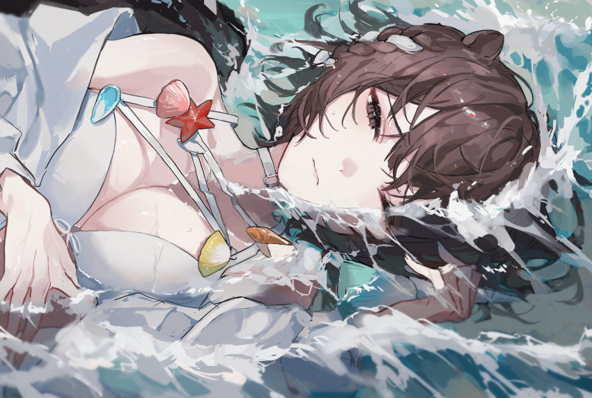 1girl absurdres animal_ears arknights bikini braid breasts brown_eyes brown_hair choker cleavage commentary half-closed_eyes highres jacket large_breasts looking_at_viewer lyas lying off_shoulder official_alternate_costume on_side one_eye_closed open_clothes open_jacket otter_ears partially_submerged roberta_(arknights) roberta_(summer_flowers)_(arknights) seashell shell solo starfish swimsuit symbol-only_commentary upper_body white_bikini white_choker white_jacket