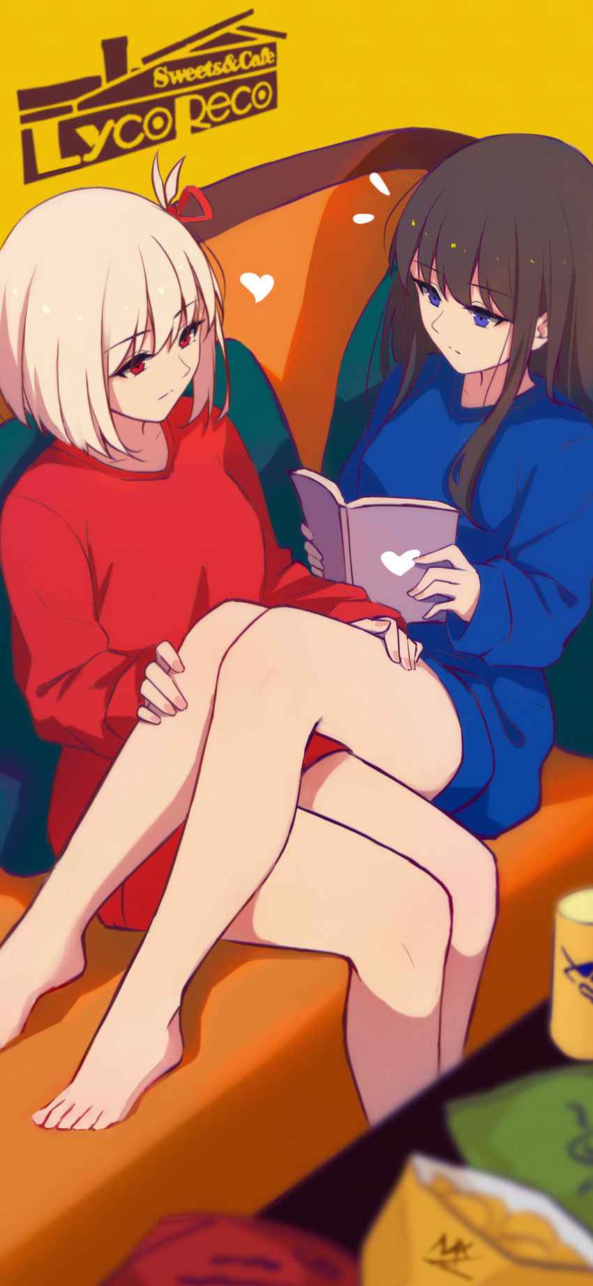 2girls absurdres antenna_hair blue_eyes blue_sweater book brown_hair chips commentary copyright_name couch food hands_on_another's_leg heart highres holding holding_book inoue_takina long_hair long_sleeves lycoris_recoil multiple_girls nishikigi_chisato notice_lines on_couch open_book potato_chips reading red_eyes red_sweater shimmer short_hair sitting sweater symbol-only_commentary white_hair yuri