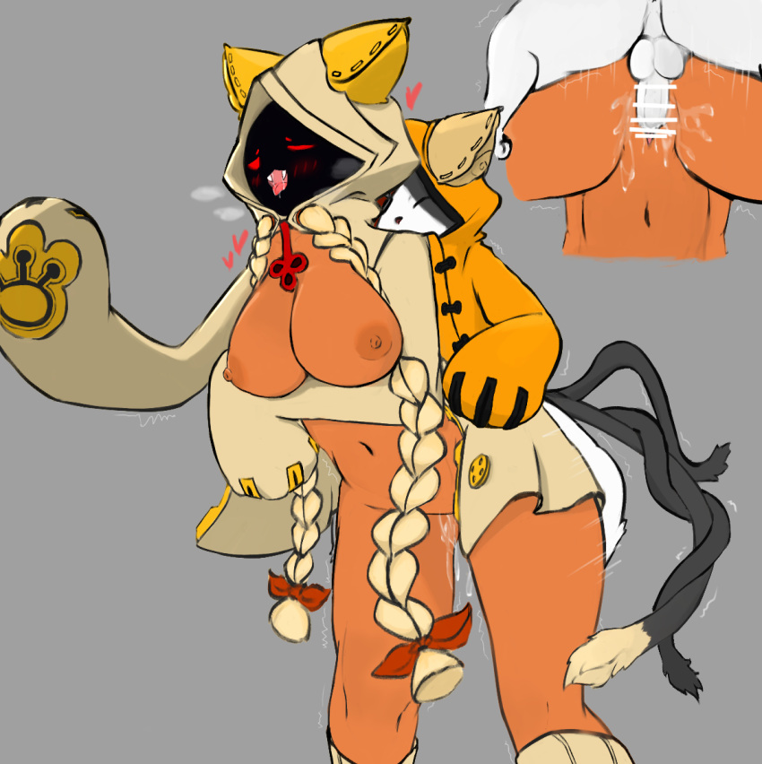 &lt;3 anthro areola balls biped blazblue blush bodily_fluids breasts breath censored clothing domestic_cat duo entwined_tails erection eyes_closed fangs felid feline felis female from_behind_position genitals hi_res huff jubei_(blazblue) male male/female mammal navel nipples open_mouth penis saliva sex simple_background size_difference standing standing_sex tail_coil taokaka video_games yoru_vida