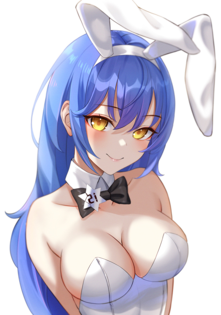 1girl absurdres animal_ears bangs blue_hair blush bow bowtie breasts cleavage closed_mouth eichi_(skskdi12z) girls'_frontline hair_between_eyes highres large_breasts leotard long_hair looking_at_viewer playboy_bunny rabbit_ears smile solo tar-21_(girls'_frontline) very_long_hair white_background white_leotard yellow_eyes