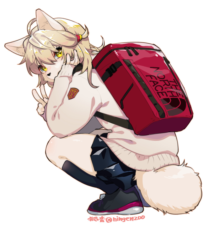 accessory ahoge ambiguous_gender anthro backpack bottomwear canid canine clothing crouching female_(lore) footwear gesture hair hair_accessory hi_res ichiri_(ningenzoo) kemono mammal ningenzoo pleated_skirt pumps school_uniform skirt socks solo sweater the_north_face topwear uniform v_sign yellow_eyes