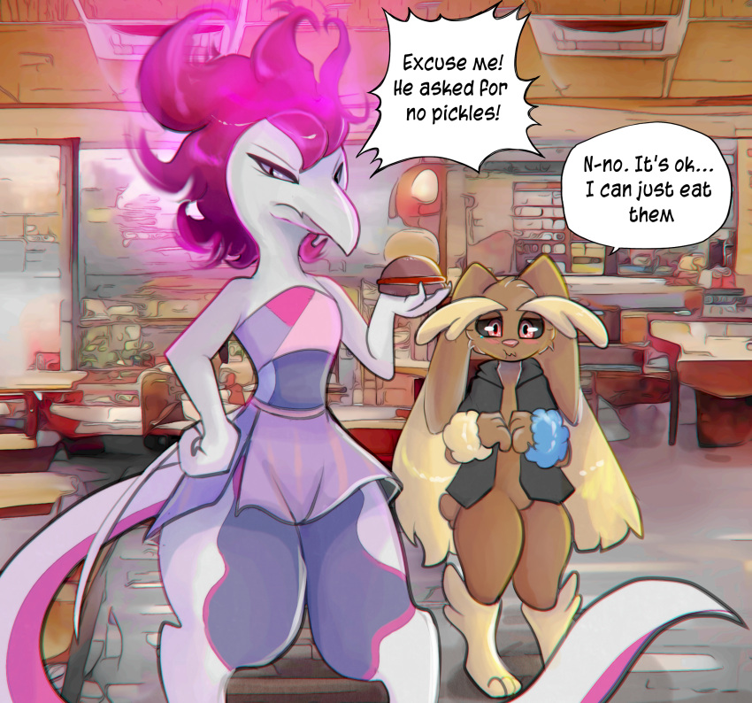 absurd_res angry anthro blush brown_body brown_fur burger cereza_(bluepegasi) clothed clothing crop_top dialogue digital_media_(artwork) dizzy_(bluepegasi) dress duo embarrassed english_text fast_food_restaurant female fire flaming_hair food fur hair hi_res kitsunekotaro lagomorph leporid lizard lopunny male male/female mammal nintendo pok&eacute;mon pok&eacute;mon_(species) pseudo_hair rabbit reptile restaurant salazzle scalie shiny_pok&eacute;mon shirt shy text topwear video_games