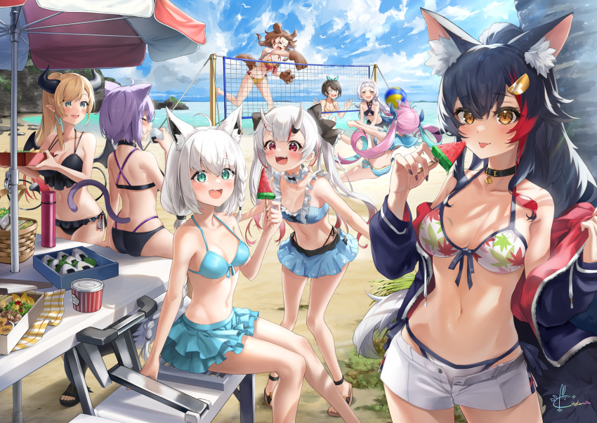 &gt;_&lt; 6+girls :d animal_ear_fluff animal_ears animal_hands ass bangs basket beach beach_volleyball bikini bikini_skirt bikini_under_clothes black_bikini black_choker black_hair blonde_hair blue_bikini blue_eyes blue_hair blue_ribbon blue_sailor_collar blue_skirt braid breasts brown_eyes cat_ears choker closed_eyes cloud day dog_ears dog_tail eating floating_hair food fox_ears frilled_bikini frills front-tie_bikini front-tie_top gloves gradient_hair green_eyes hair_between_eyes hair_ornament hair_ribbon hairclip halterneck highres holding holding_food hololive horns inugami_korone jacket kito_koruta leaf_print long_sleeves looking_at_another looking_at_viewer medium_breasts minato_aqua multicolored_hair multiple_girls murasaki_shion nail_polish nakiri_ayame navel nekomata_okayu oni_horns onigiri ookami_mio oozora_subaru open_clothes open_jacket outdoors paw_gloves pink_hair ponytail popsicle print_bikini puffy_long_sleeves puffy_sleeves purple_hair red_eyes red_hair ribbon sailor_collar sandwich shirakami_fubuki short_shorts shorts side-tie_bikini signature sitting skirt smile stomach streaked_hair string_bikini striped striped_bikini swimsuit tail twintails virtual_youtuber volleyball volleyball_net white_hair white_shorts wolf_ears xd yellow_bikini yuzuki_choco