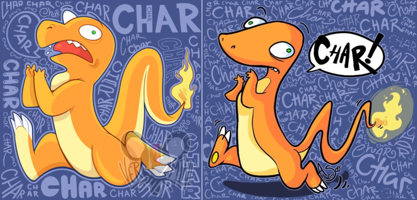 ambiguous_gender charmander derp_eyes digital_media_(artwork) fire flame_tail flaming_tail nintendo open_mouth orange_body pok&eacute;mon pok&eacute;mon_(species) reptile running scalie simple_background solo_focus text tongue tongue_out vermine video_games wide_eyed